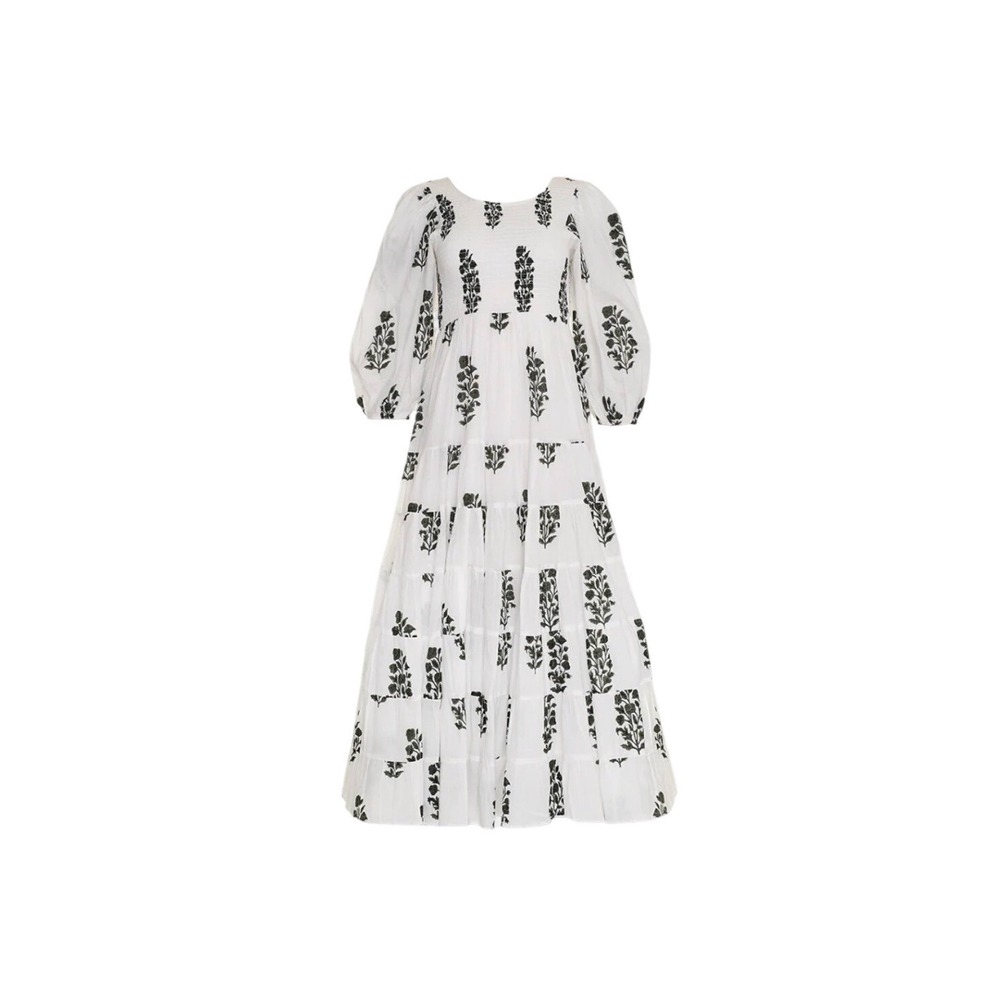 SZ Blockprints Padmini Dress Black White Floral Smocked Puff Sleeve Maxi Small
